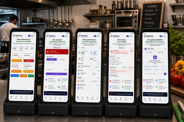 Cinq écrans de l'application HygieTrack (performance et HACCP, communication d'équipe, tableau de bord, gestion des stocks, assistant IA) présentés dans une cuisine professionnelle